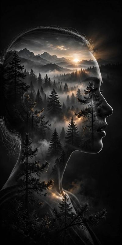 AI-generated example output for the 'Double Exposure Nature Portrait' prompt