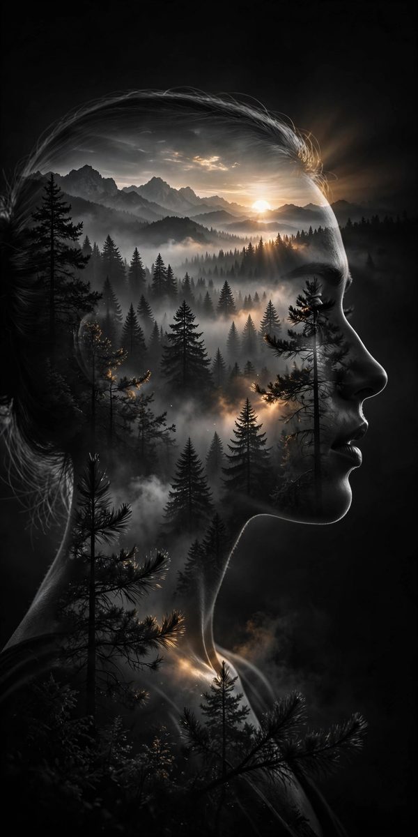 AI-generated example output for the 'Double Exposure Nature Portrait' prompt