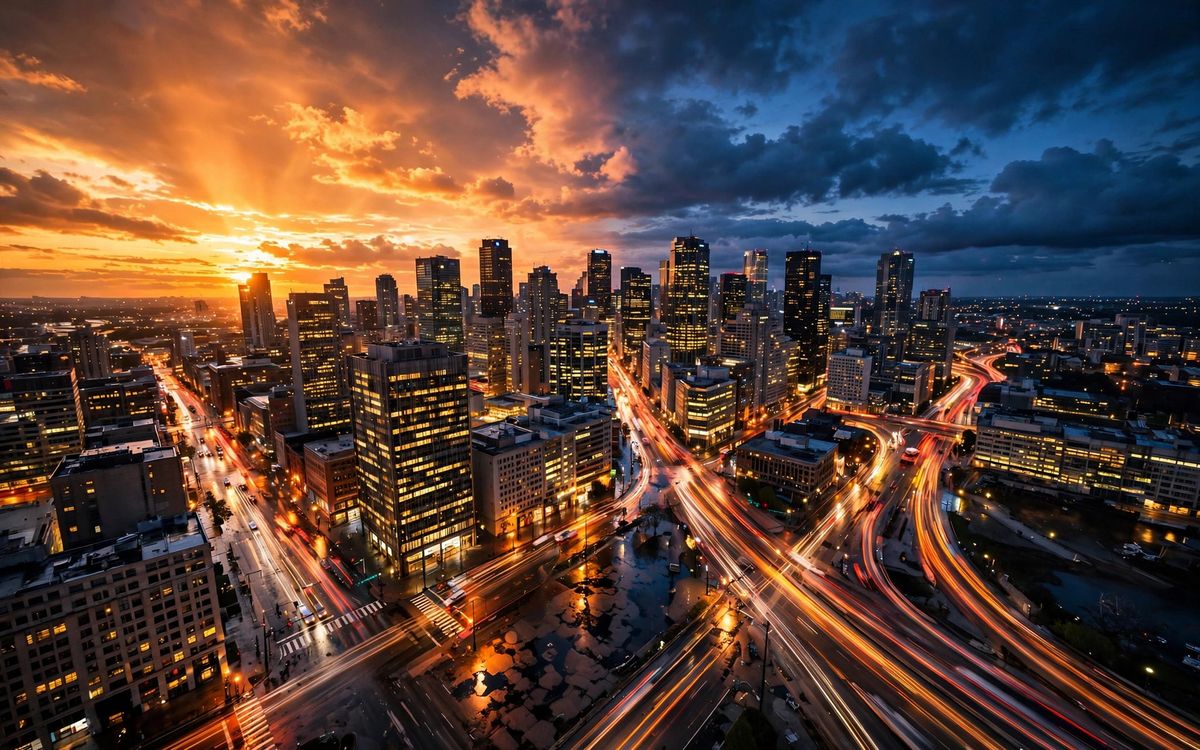 AI-generated example still frame for the 'Hyperlapse City Day-to-Night' prompt
