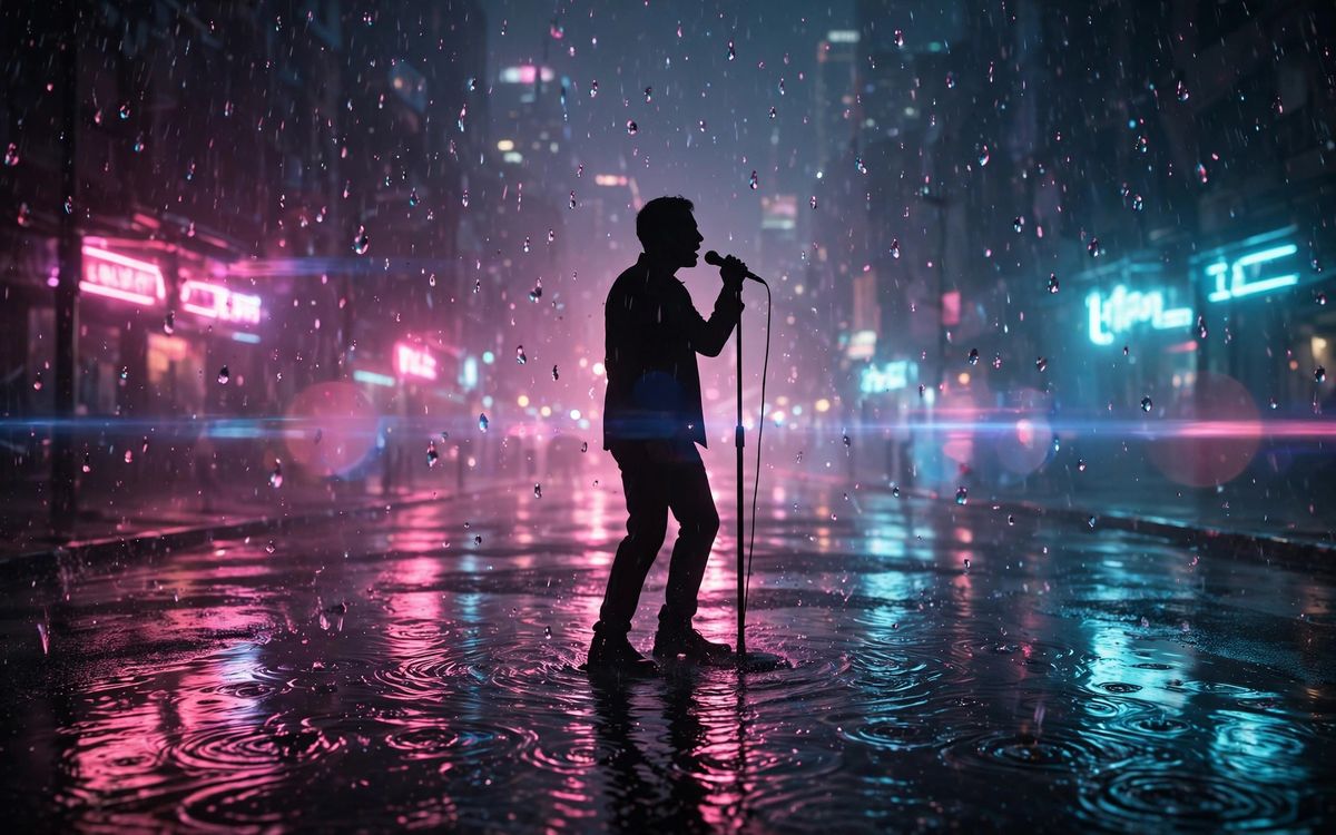 AI-generated example still frame for the 'Neon Music Video Scene' prompt